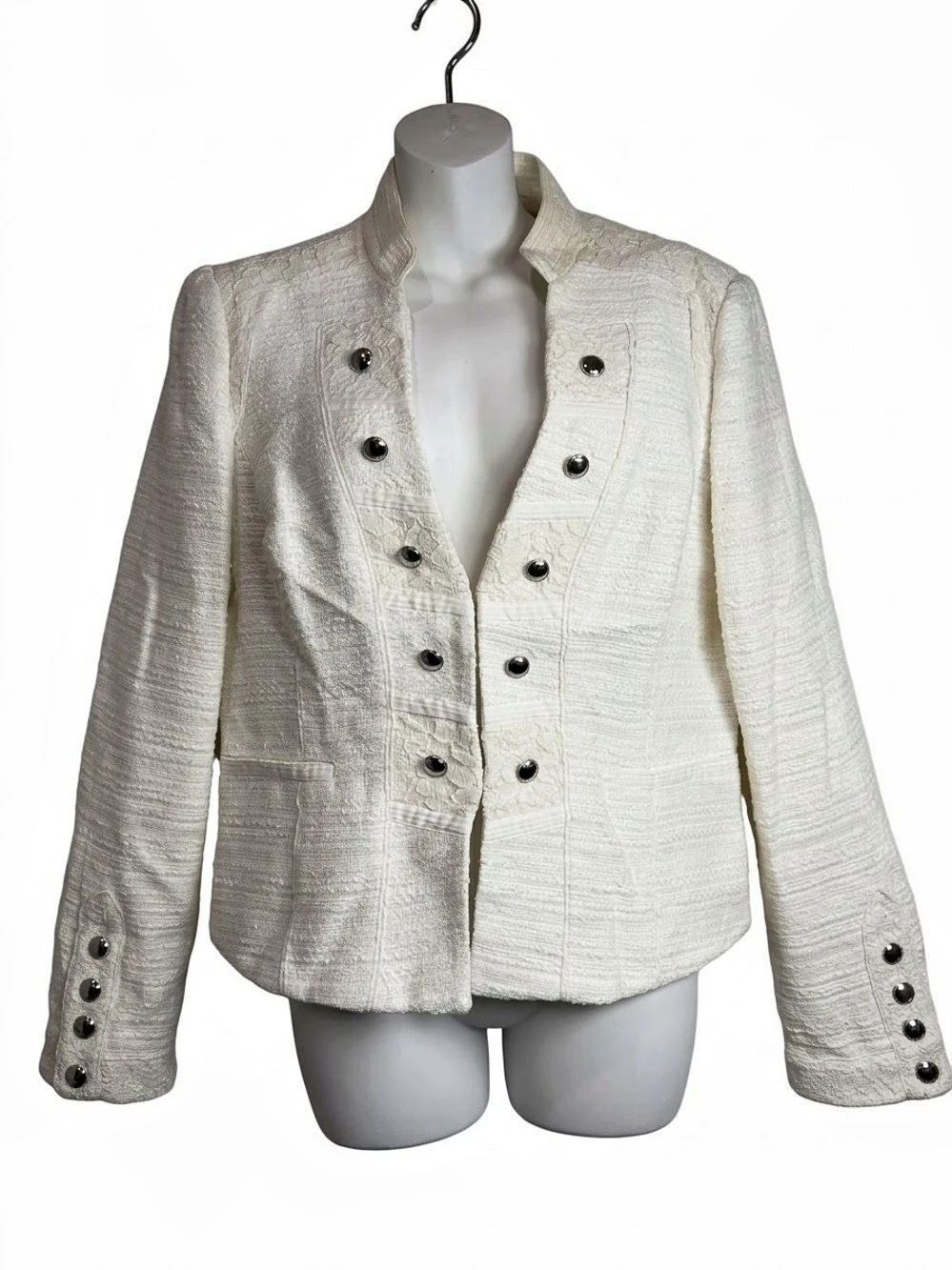 WHBM Military Jacket Blazer Ivory White Lace 12 Silver Buttons Tweed Band Collar